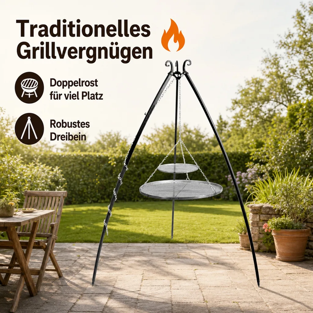 Schwenkgrill Set, Gartengrill Dreibein, 200 cm, Doppelrost 80/40 cm