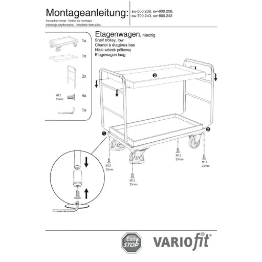 Etagenwagen, 2 Tabletts, 250 kg Traglast, Typ XL, EasySTOP