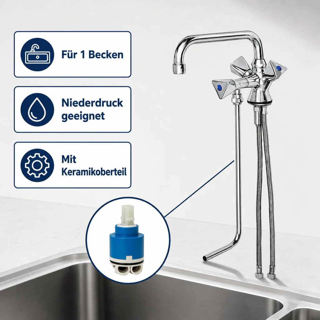 Wasserhahn, Küchenarmatur, Wasserarmatur - Mischbatterie, Model „BRUSE“, für 1 Becken Niederdruck