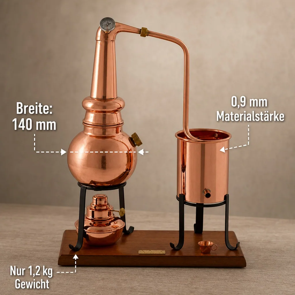 Destille, Destilliergerät, Destillationsapparatur - Alembic Whiskey Premium, mit Spiritusbrenner und Thermometer, 0,7L