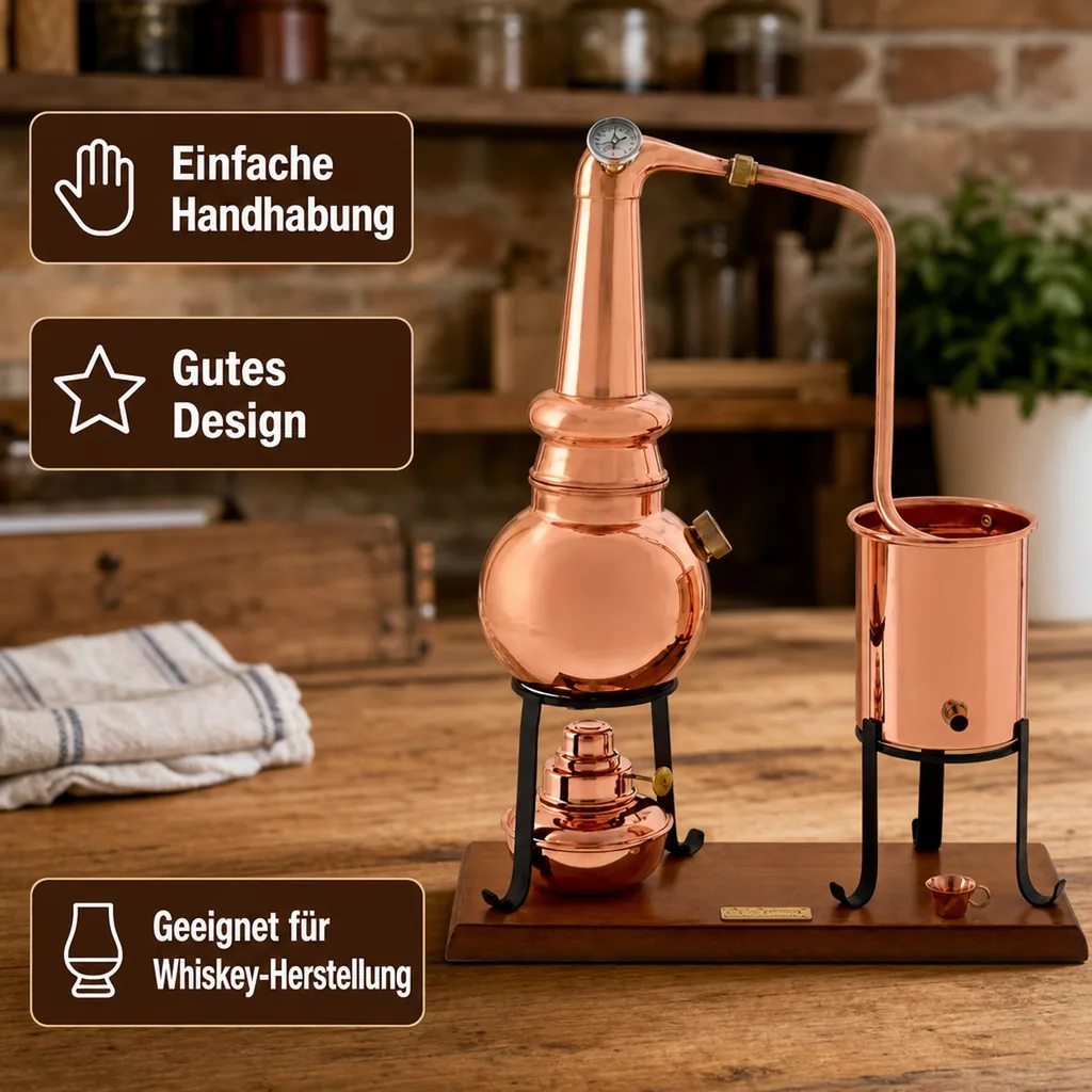 Destille, Destilliergerät, Destillationsapparatur - Alembic Whiskey Premium, mit Spiritusbrenner und Thermometer, 0,7L