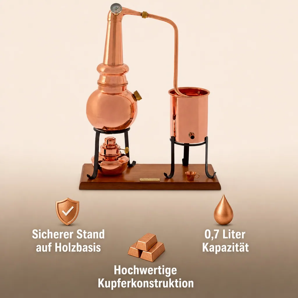 Destille, Destilliergerät, Destillationsapparatur - Alembic Whiskey Premium, mit Spiritusbrenner und Thermometer, 0,7L