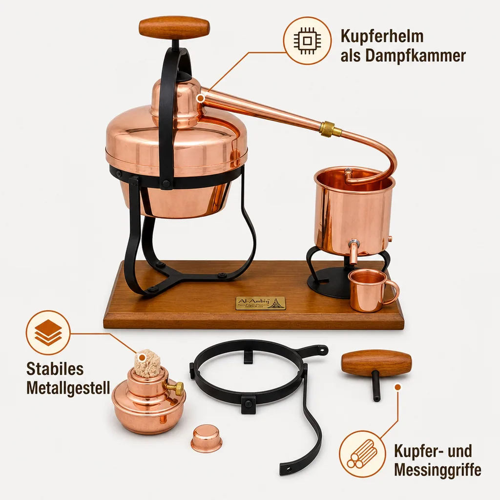 Destille, Destilliergerät, Destillationsapparatur - mit Spiritusbrenner, 1,25L
