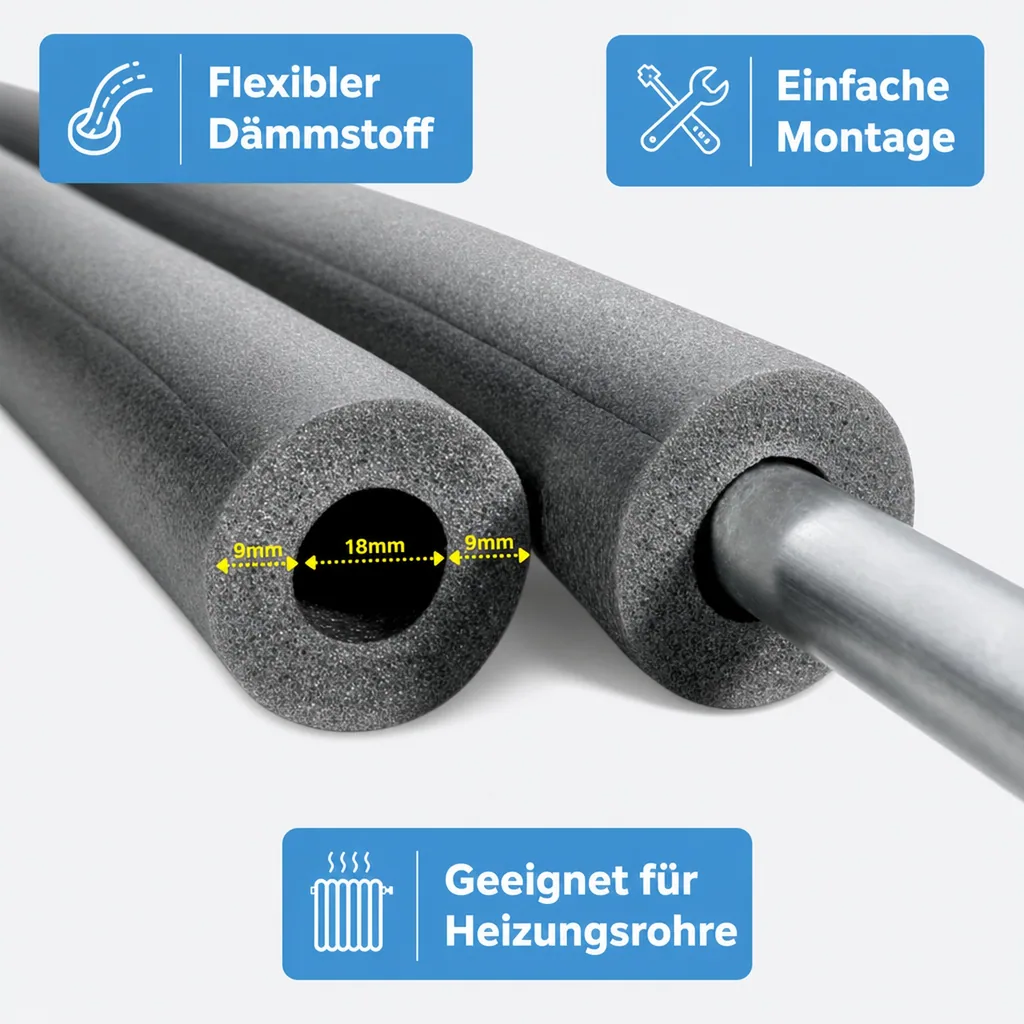 Isolierschlauch 2x1m, Rohrisolierung 18mm, Heizungsrohr Isolierung 9mm