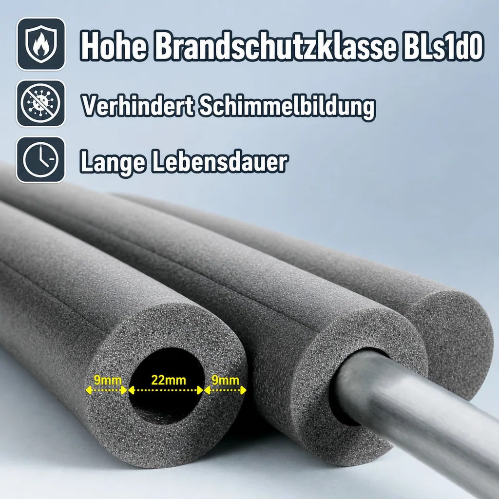 Isolierschlauch 22mm, 2x1m, 9mm Dämmung, Rohrisolierung Heizung Sanitär