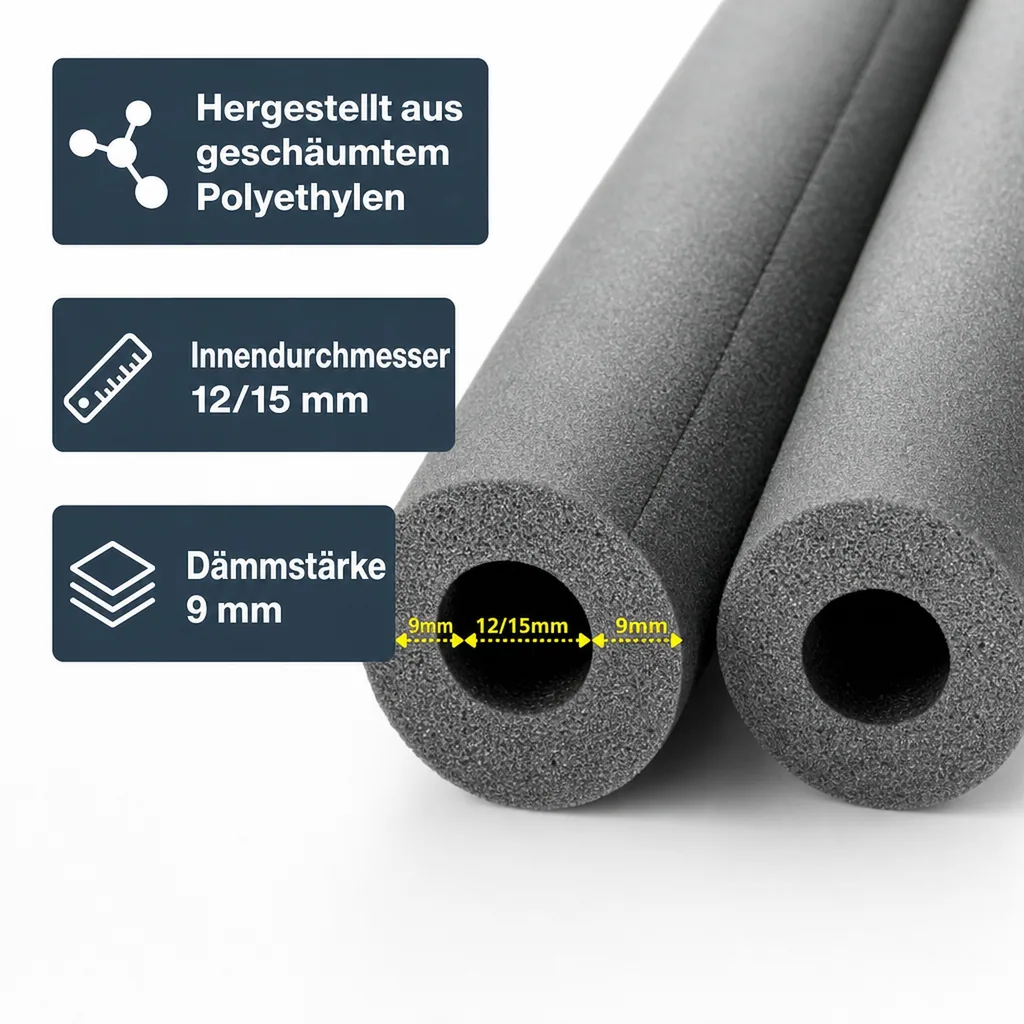 Isolierschlauch 2m, Rohrisolierung 12/15 mm, Heizung und Sanitär Dämmung
