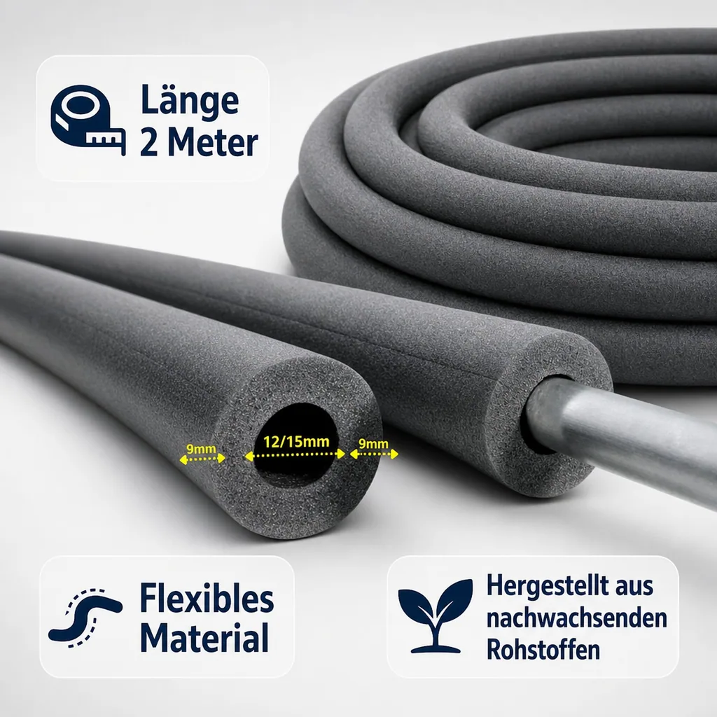 Isolierschlauch 2m, Rohrisolierung 12/15 mm, Heizung und Sanitär Dämmung