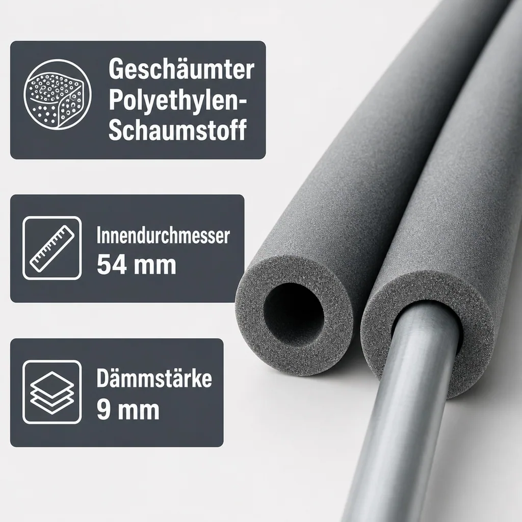 Rohrisolierung 54mm, 2m Isolierschlauch, 9mm Dämmung, Heizung Sanitär