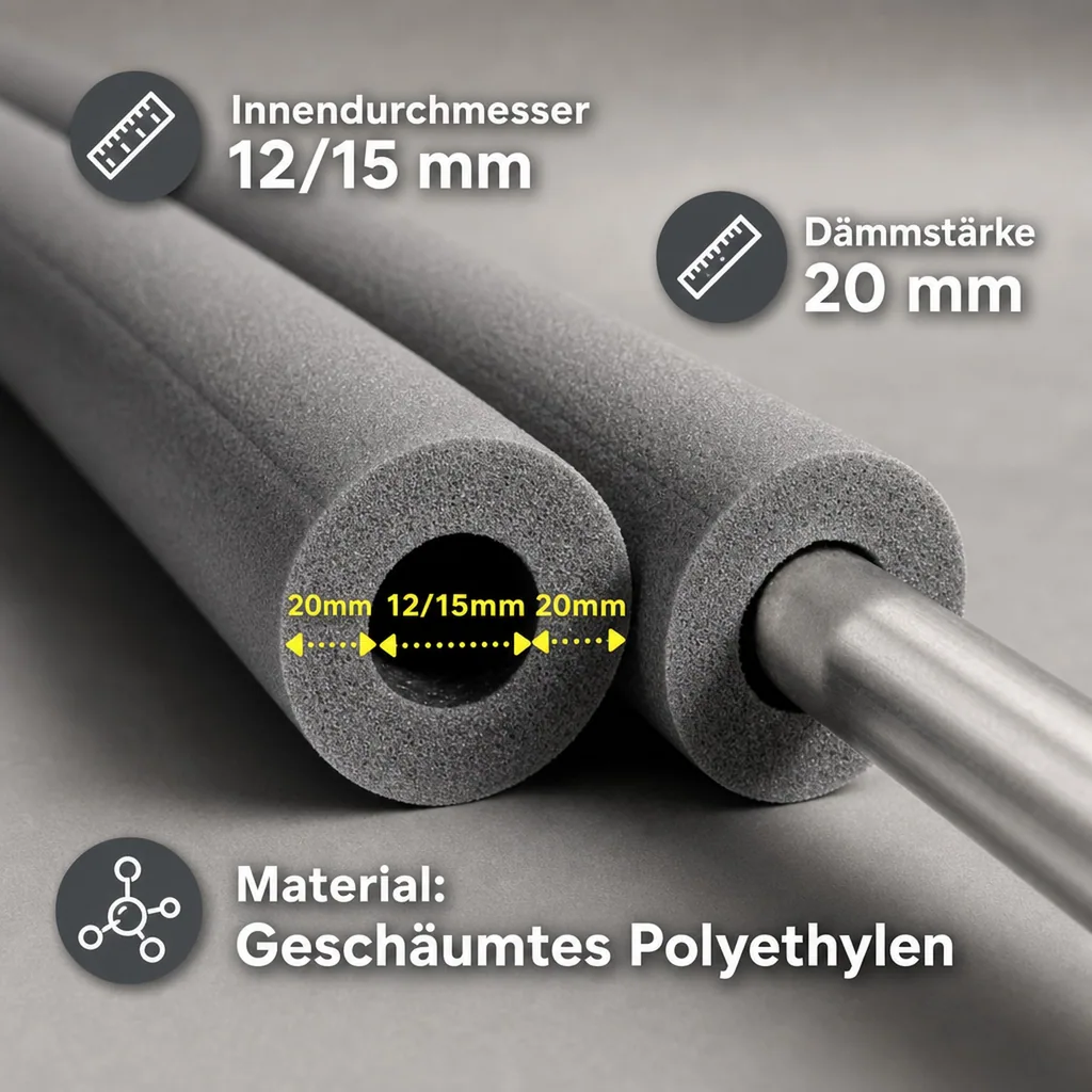 Isolierschlauch 2m, Rohrisolierung Heizung/Sanitär Ø 12/15mm, 20mm Dämmung