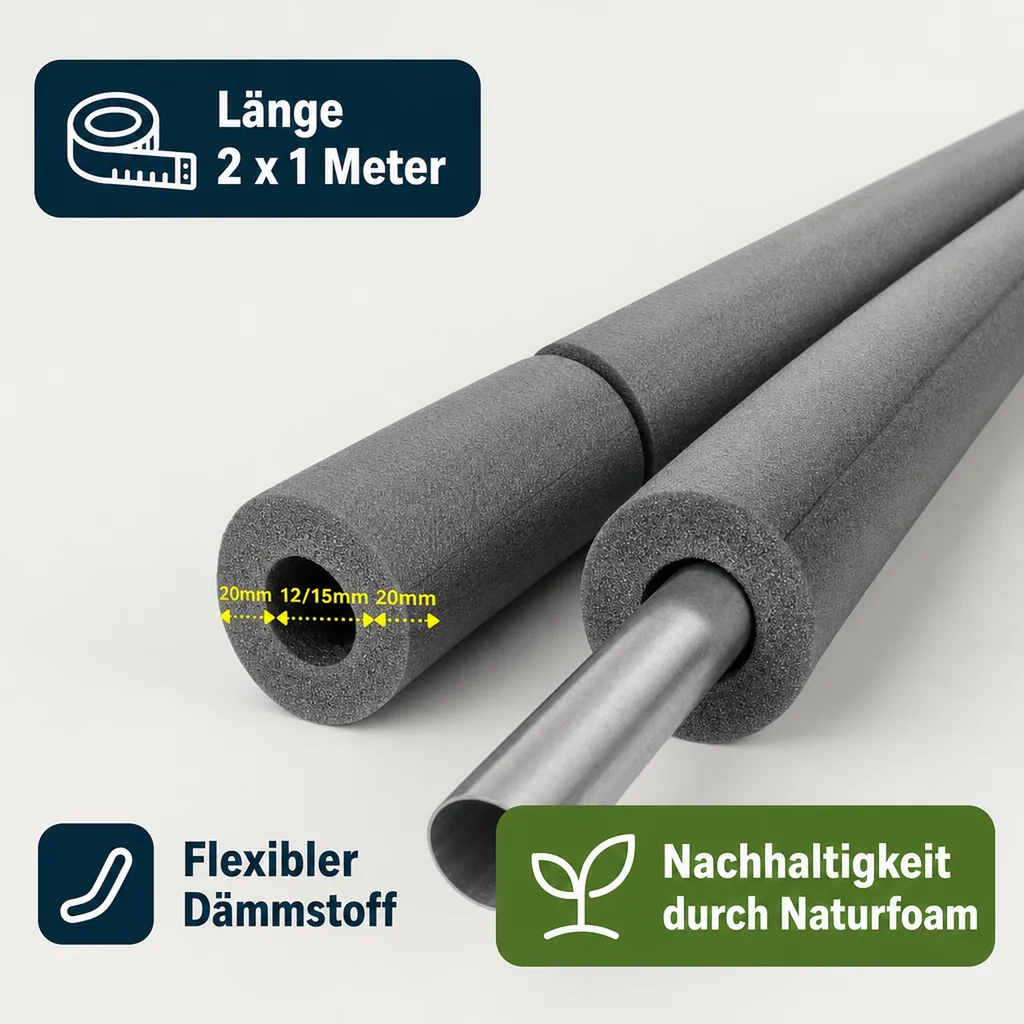 Isolierschlauch 2m, Rohrisolierung Heizung/Sanitär Ø 12/15mm, 20mm Dämmung