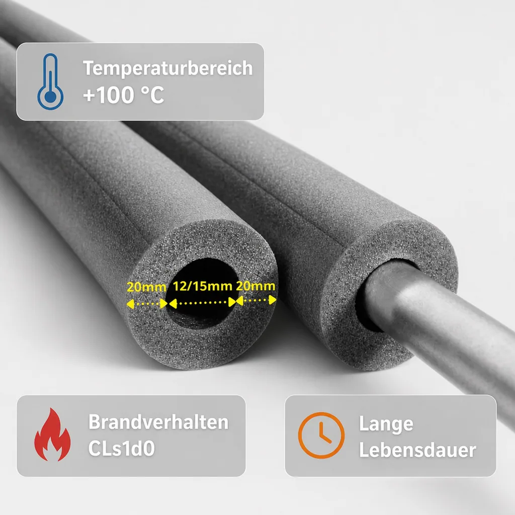 Isolierschlauch 2m, Rohrisolierung Heizung/Sanitär Ø 12/15mm, 20mm Dämmung