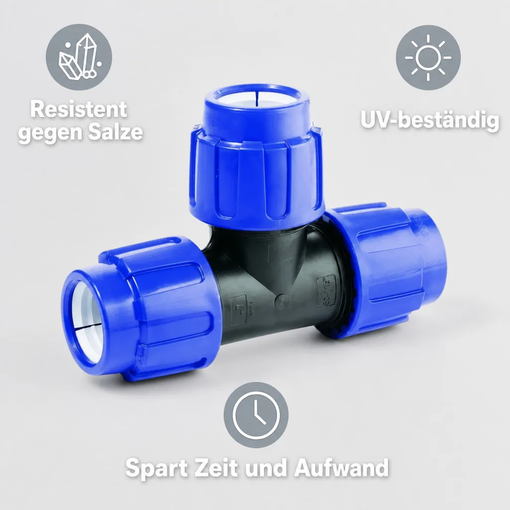 PE Rohr Verschraubung, T-Stück erweitert 20x25x20, Klemmverbinder, Trinkwasser