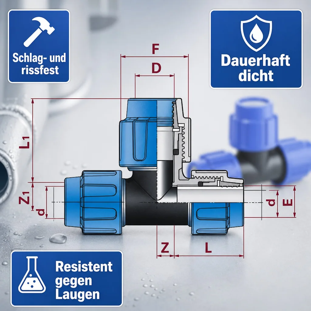 PE Rohr Verschraubung, T-Stück erweitert 20x25x20, Klemmverbinder, Trinkwasser
