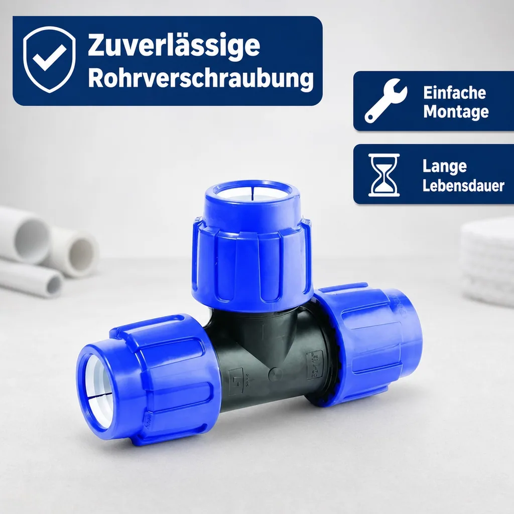 PE Rohr Verschraubung, T-Stück erweitert 20x25x20, Klemmverbinder, Trinkwasser