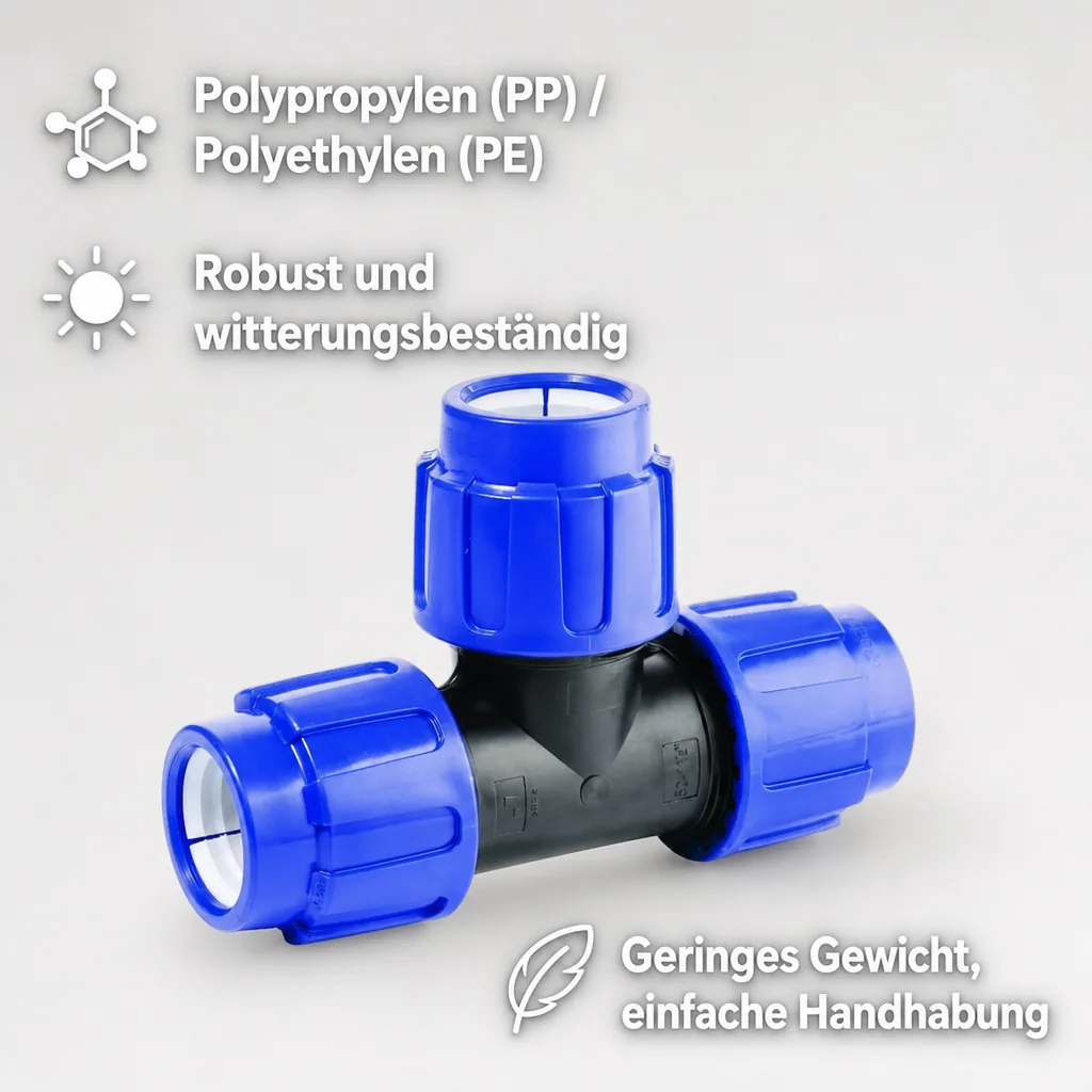 PE Rohr Verschraubung T-Stück 20x20x20, Klemmfitting für Trinkwasser