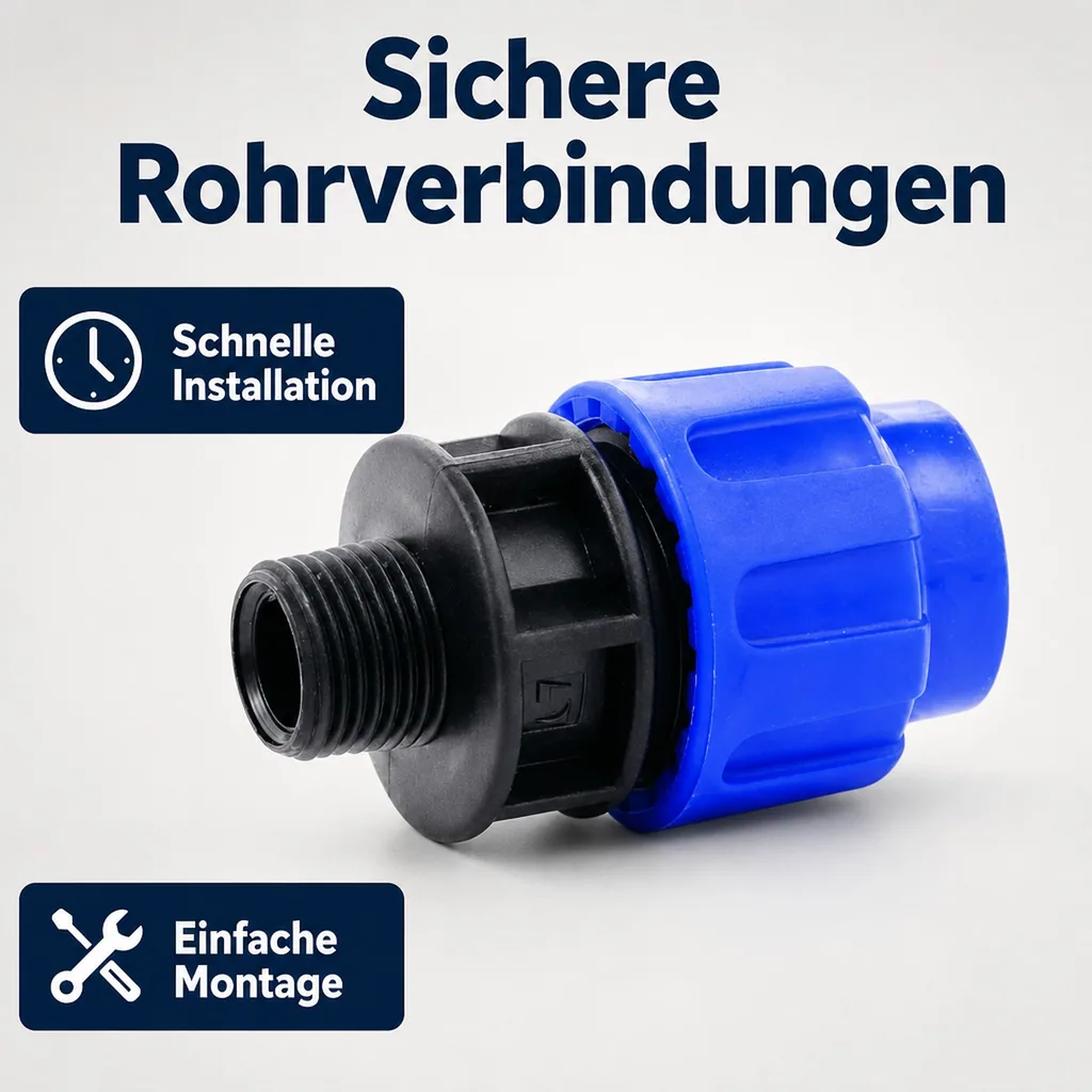 PE Rohr Verschraubung 40mm, Rohrkupplung 1 Zoll, Klemmverschraubung