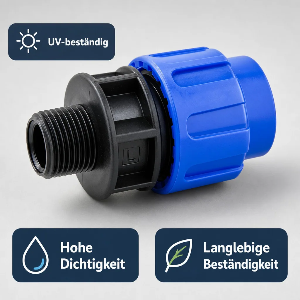 PE Rohr Verschraubung 40mm, Rohrkupplung 1 Zoll, Klemmverschraubung