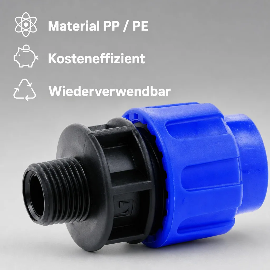 PE Rohr Verschraubung 40mm, Rohrkupplung 1 Zoll, Klemmverschraubung