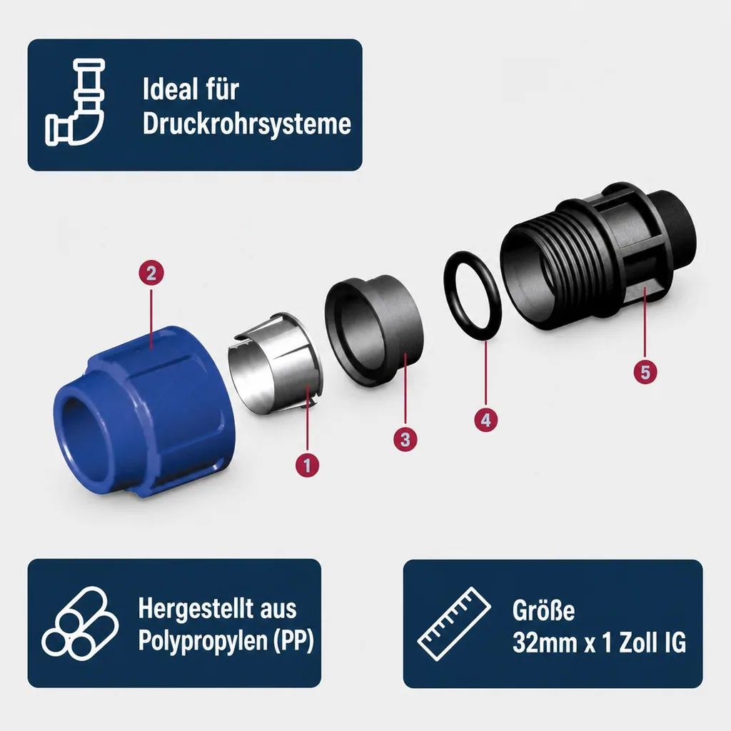 PE Rohr Verschraubung, 32mm x 1 Zoll IG, Klemmfitting für Trinkwasser