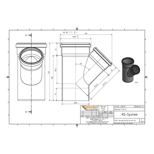 KG Abzweig 45 Grad, DN 160/125, Kanalrohr