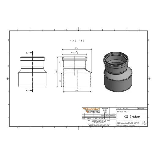 KG Reduzierung 160/125, KG Rohr Reduktion, Abwasserrohr