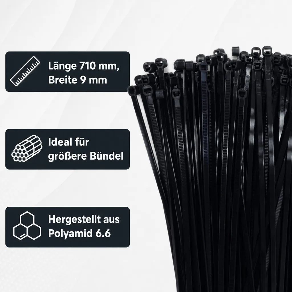 Kabelbinder schwarz, 100er Set, 710x9mm, UV-beständig, Industrie Qualität