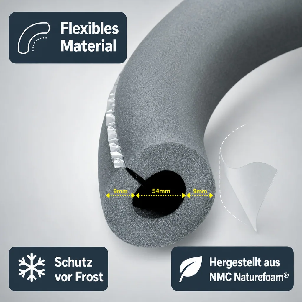 Isolierschlauch 2m, Ø 54 mm, 9 mm Dämmung, selbstklebend