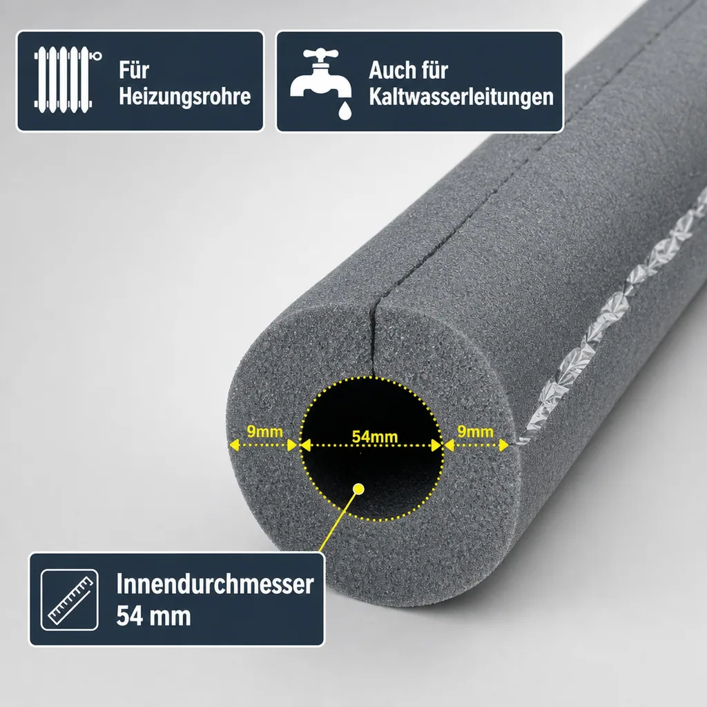 Isolierschlauch 2m, Ø 54 mm, 9 mm Dämmung, selbstklebend
