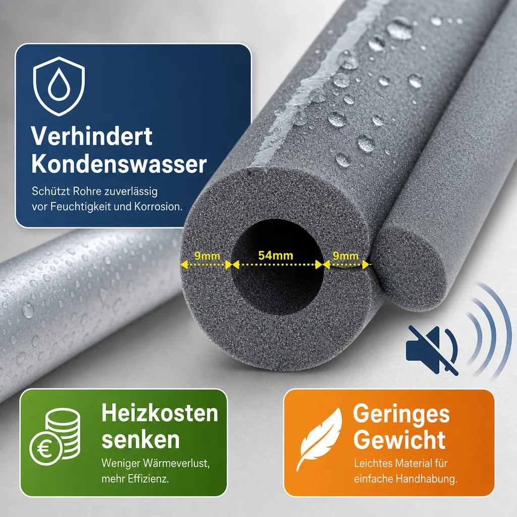 Isolierschlauch 2m, Ø 54 mm, 9 mm Dämmung, selbstklebend