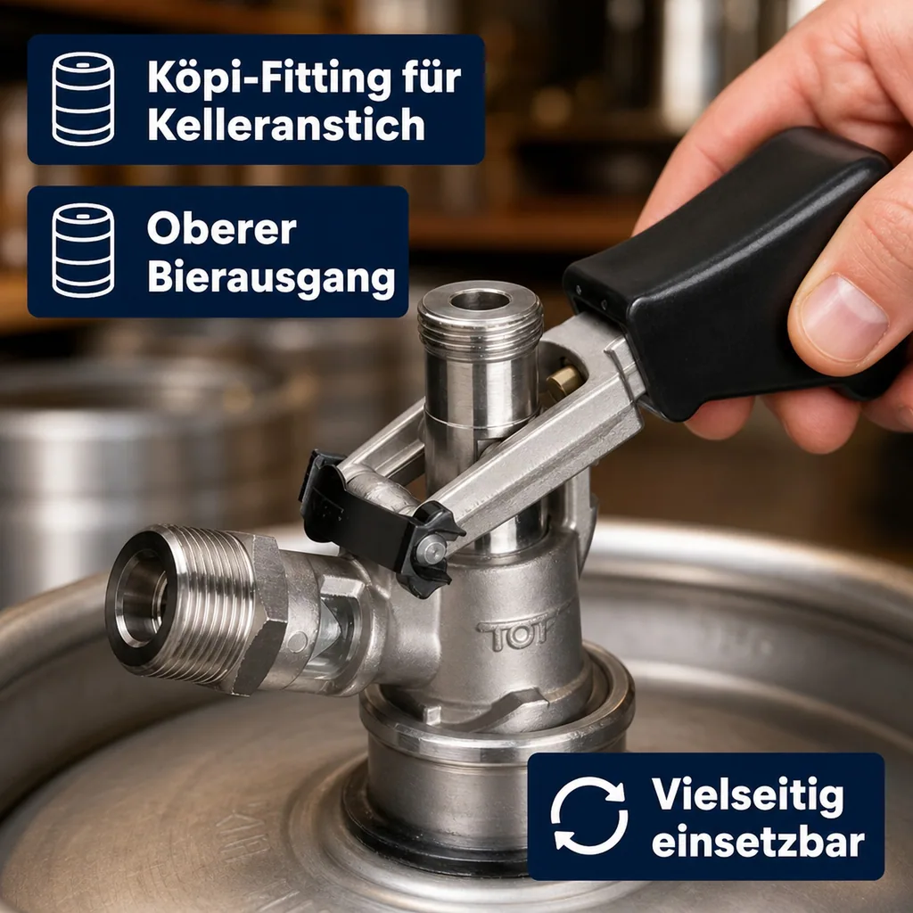 Zapfkopf, Keg Verschluss, Keg Anschluss - Köpi-Fitting, oberer Ausgang (Kelleranstich)