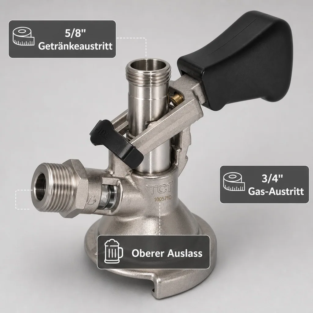 Zapfkopf - Keg Verschluss, Kombi-Fitting, oberer Ausgang (Kelleranstich)