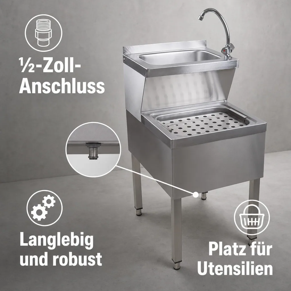 Ausgussbecken, Waschbecken - Edelstahl, mit Mischarmatur und Siphon, für Hygiene & Effizienz