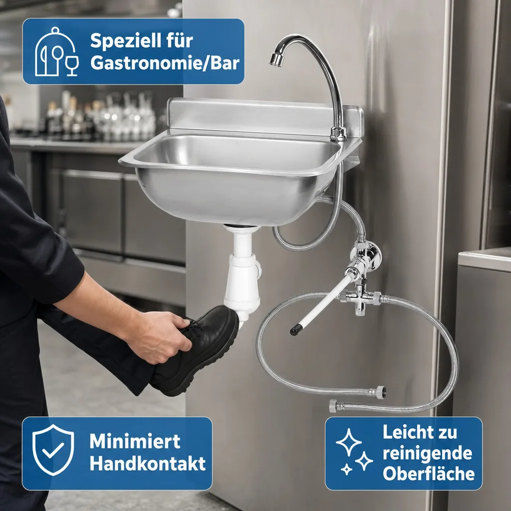 Ausgussbecken, Handwaschbecken Gastro, mit Kniebedienung, Edelstahl, 375x310x190 mm