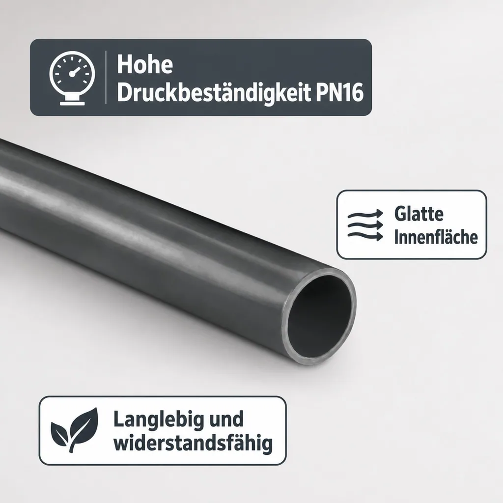 PVC Rohr 32mm, Druckrohr, PVC-U Rohr 1m, PN16, grau
