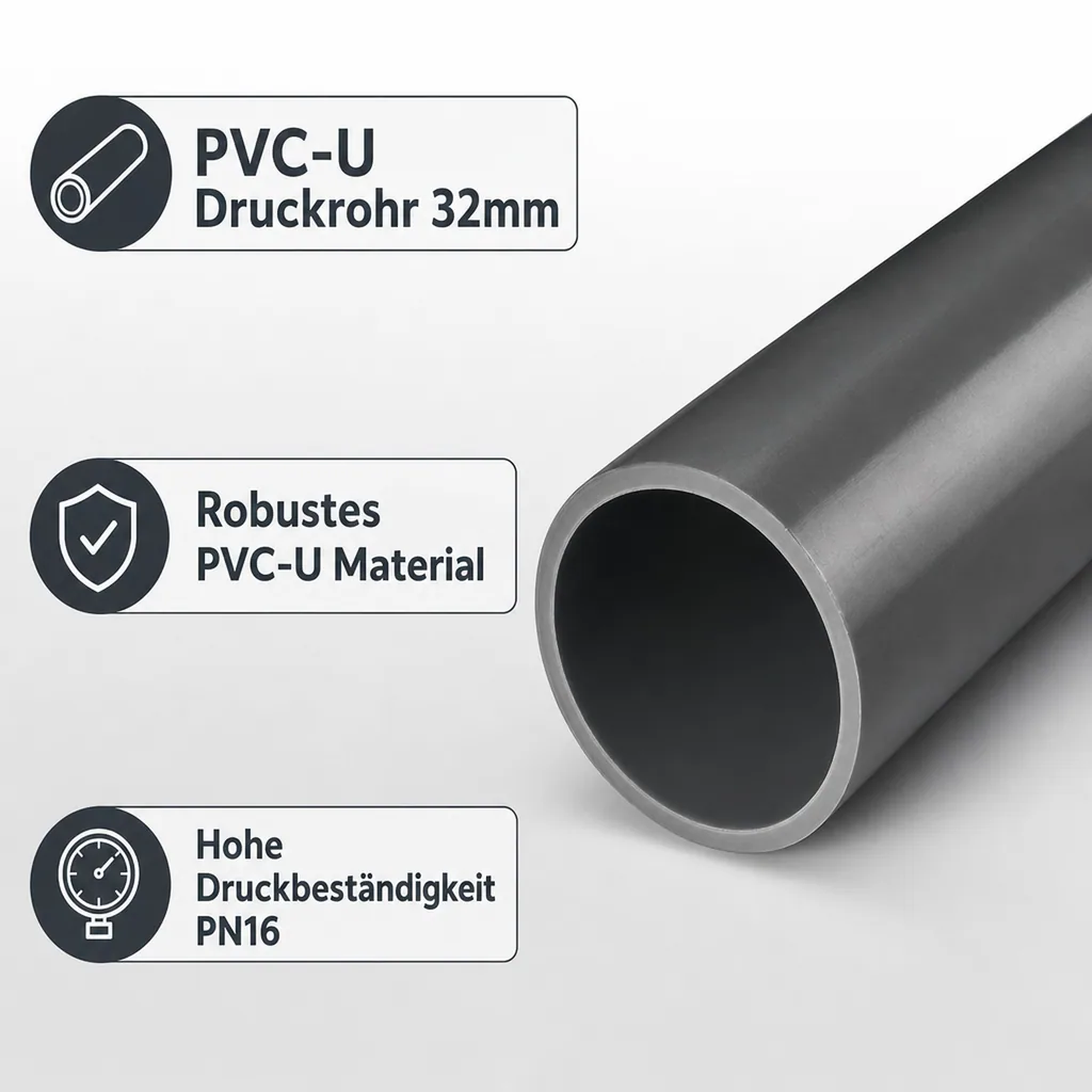 PVC Rohr 32mm, Druckrohr, PVC-U Rohr 1m, PN16, grau