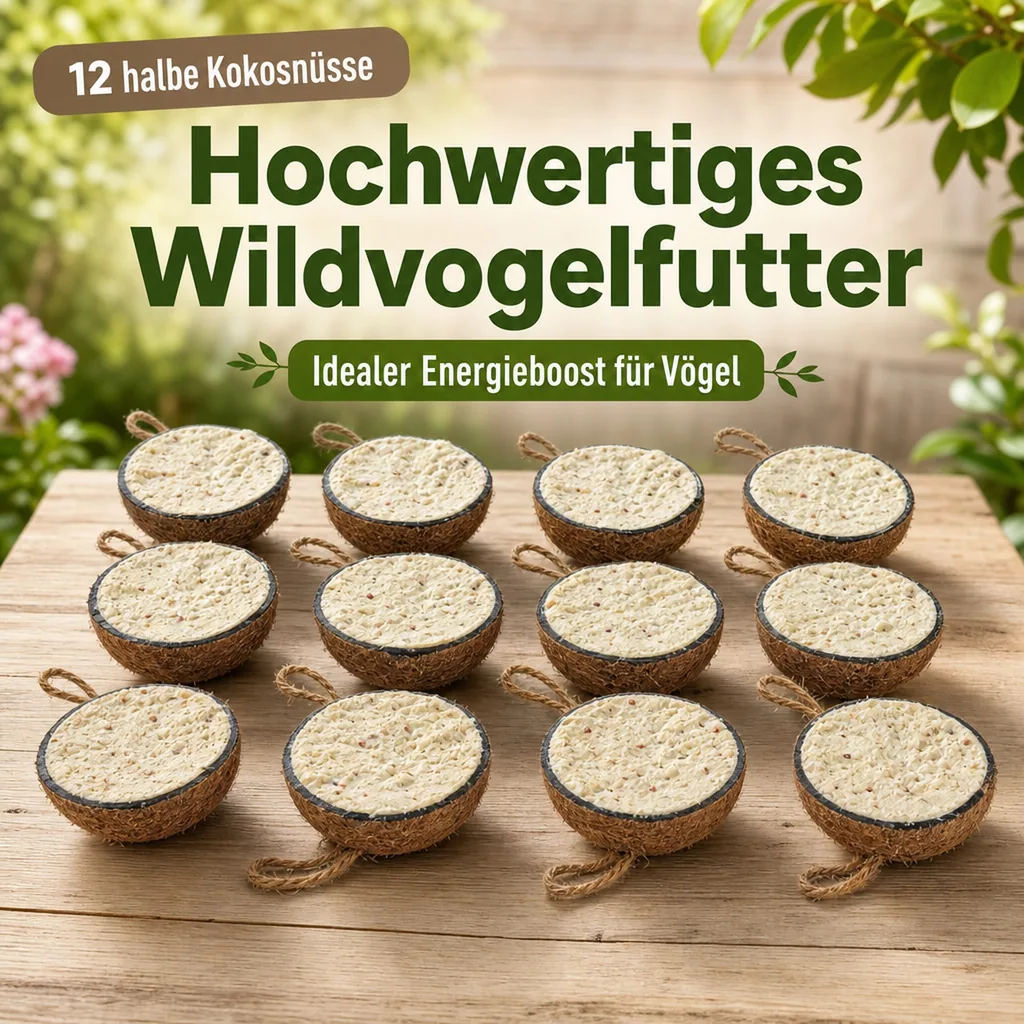 Wildvogelfutter, 12 halbe Kokosnüsse, Vogelfutter ganzjährig