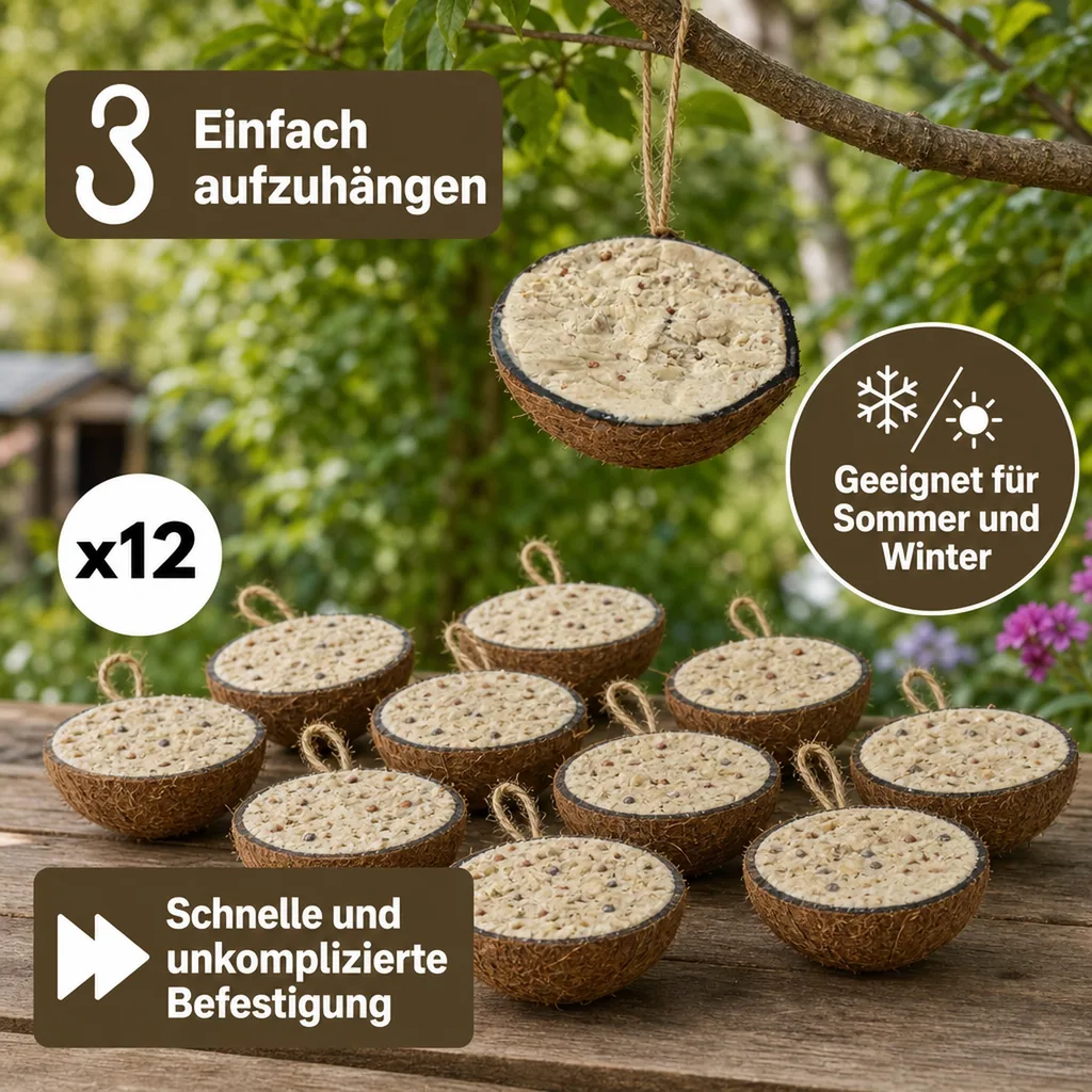 Wildvogelfutter, 12 halbe Kokosnüsse, Vogelfutter ganzjährig