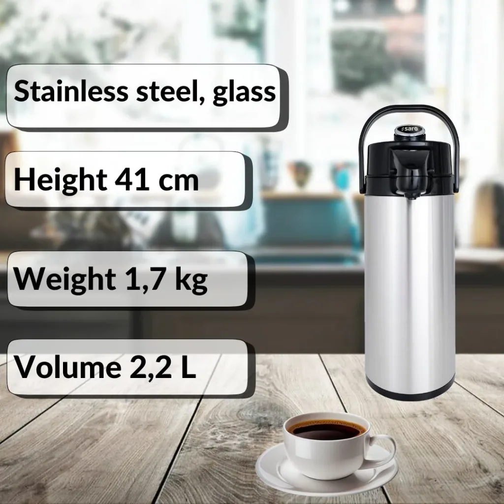 Thermoskanne, Pumpkanne - Glas-Innenleben für 24 Stunden Warm- & Kalthaltung, 2,2L