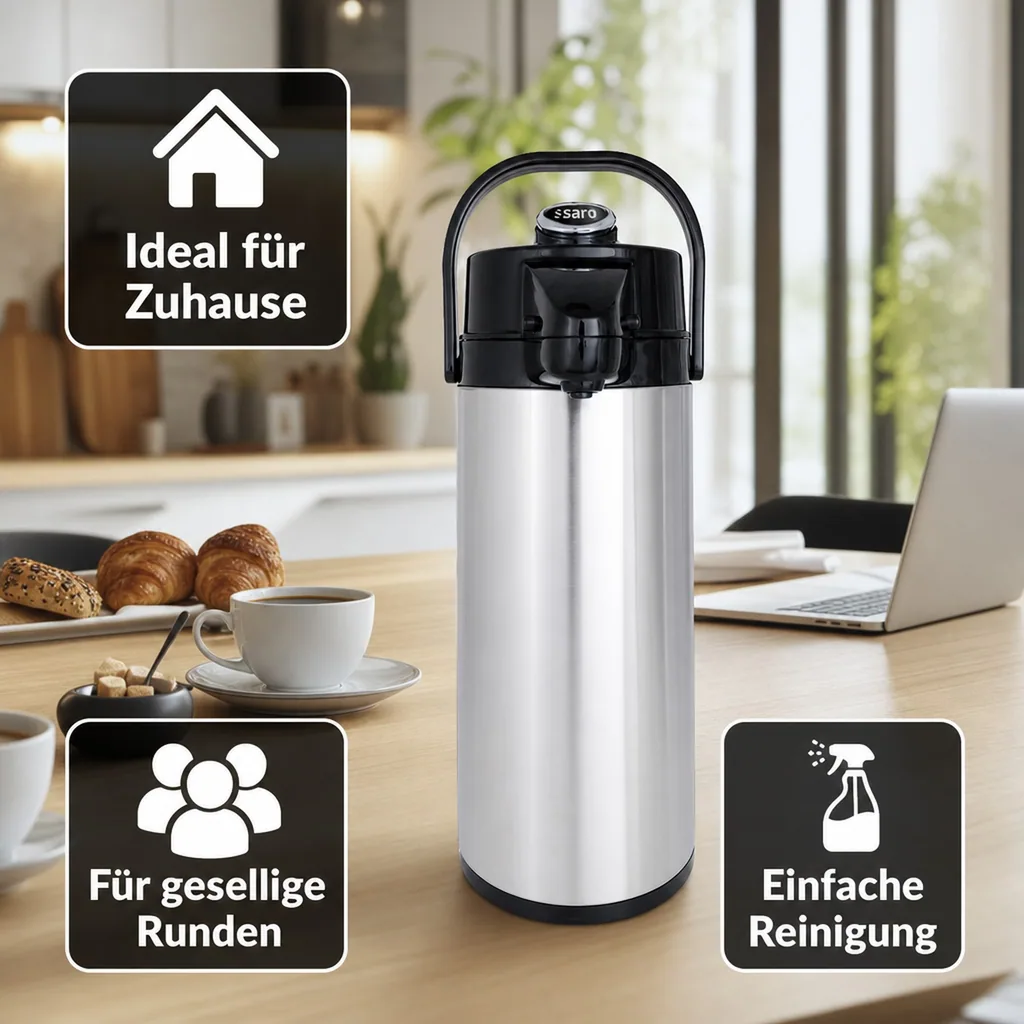 Thermoskanne, Pumpkanne - Glas-Innenleben für 24 Stunden Warm- & Kalthaltung, 2,2L