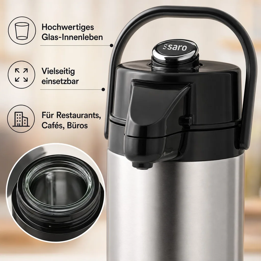 Thermoskanne, Pumpkanne - Glas-Innenleben für 24 Stunden Warm- & Kalthaltung, 2,2L