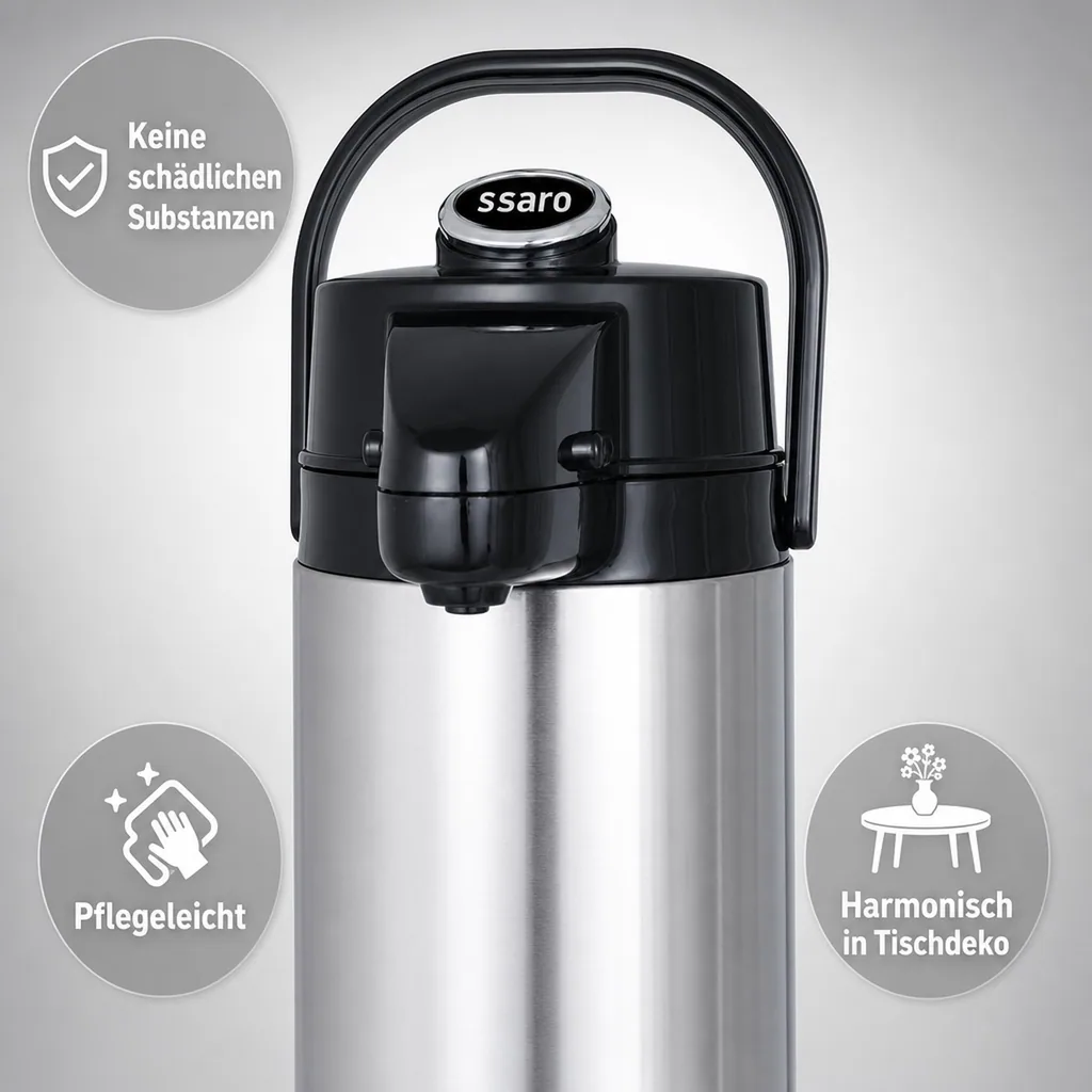 Thermoskanne, Pumpkanne - Glas-Innenleben für 24 Stunden Warm- & Kalthaltung, 2,2L