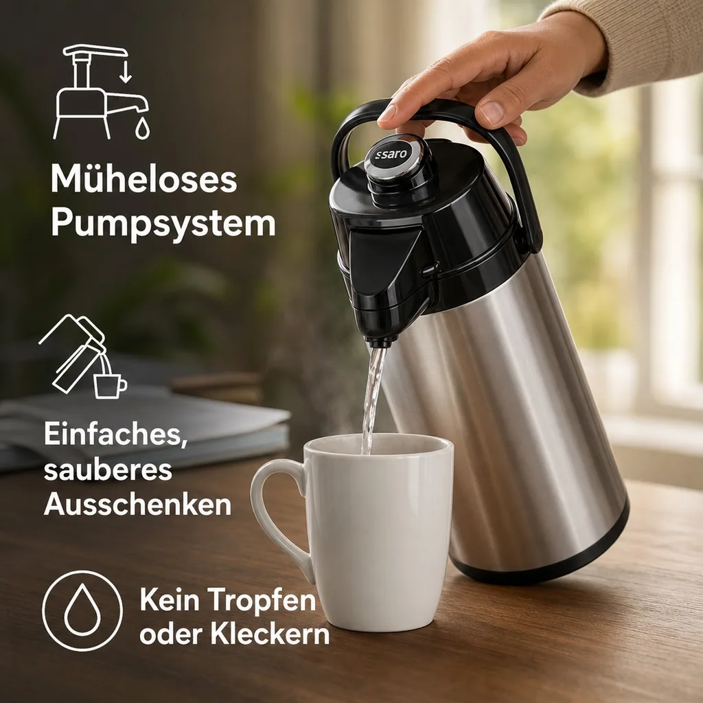 Thermoskanne, Pumpkanne - Glas-Innenleben für 24 Stunden Warm- & Kalthaltung, 2,2L