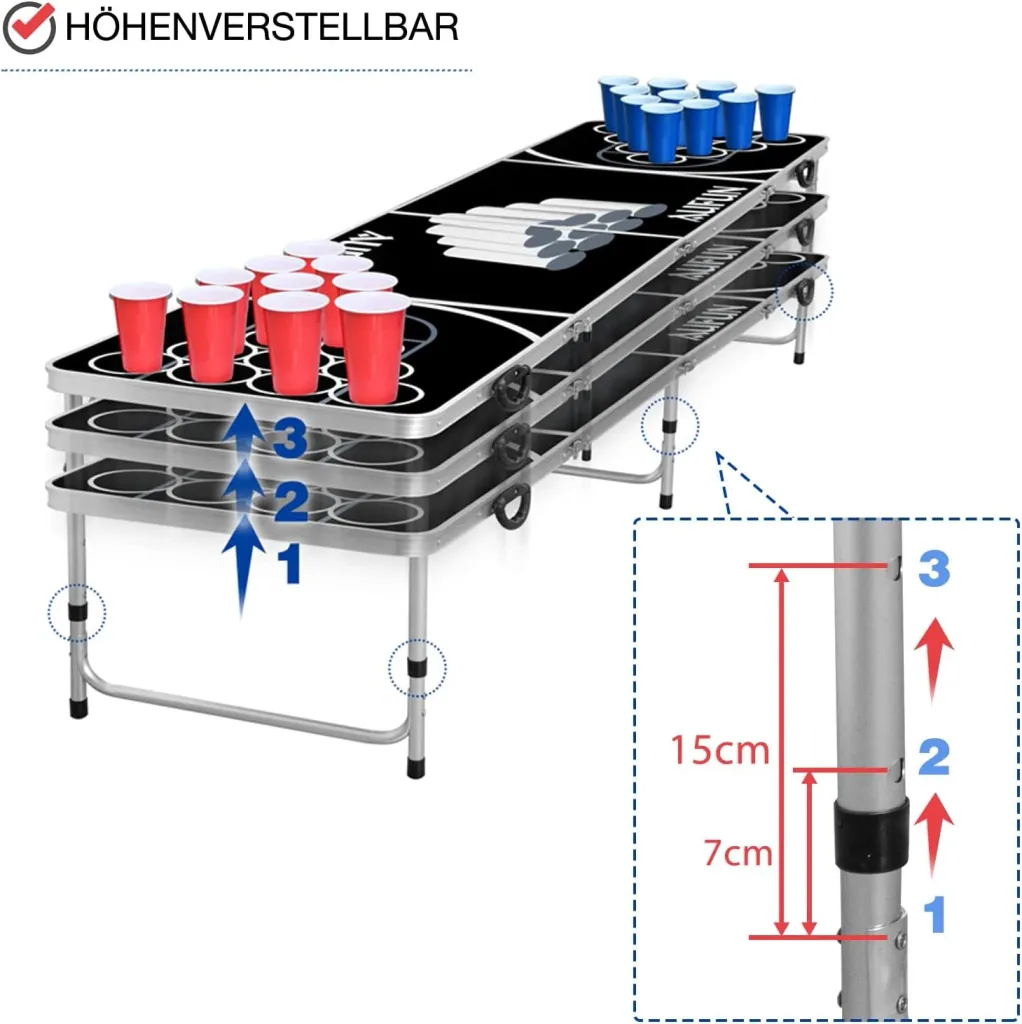 Bierpong Tisch für Partys mit 100 Bechern, 6 Bällen, 242x62 cm schwarz