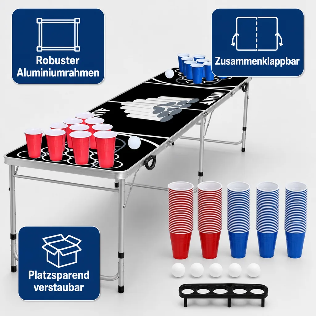 Bierpong Tisch für Partys mit 100 Bechern, 6 Bällen, 242x62 cm schwarz