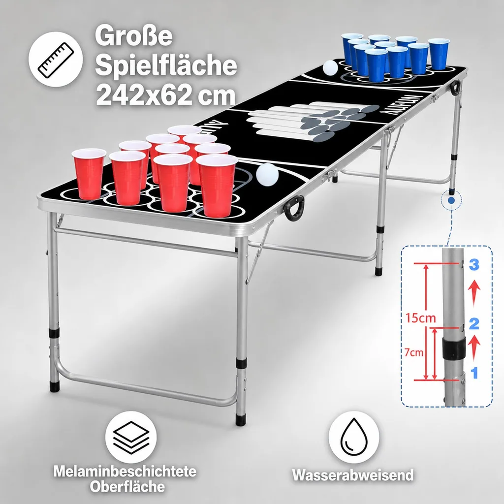 Bierpong Tisch für Partys mit 100 Bechern, 6 Bällen, 242x62 cm schwarz