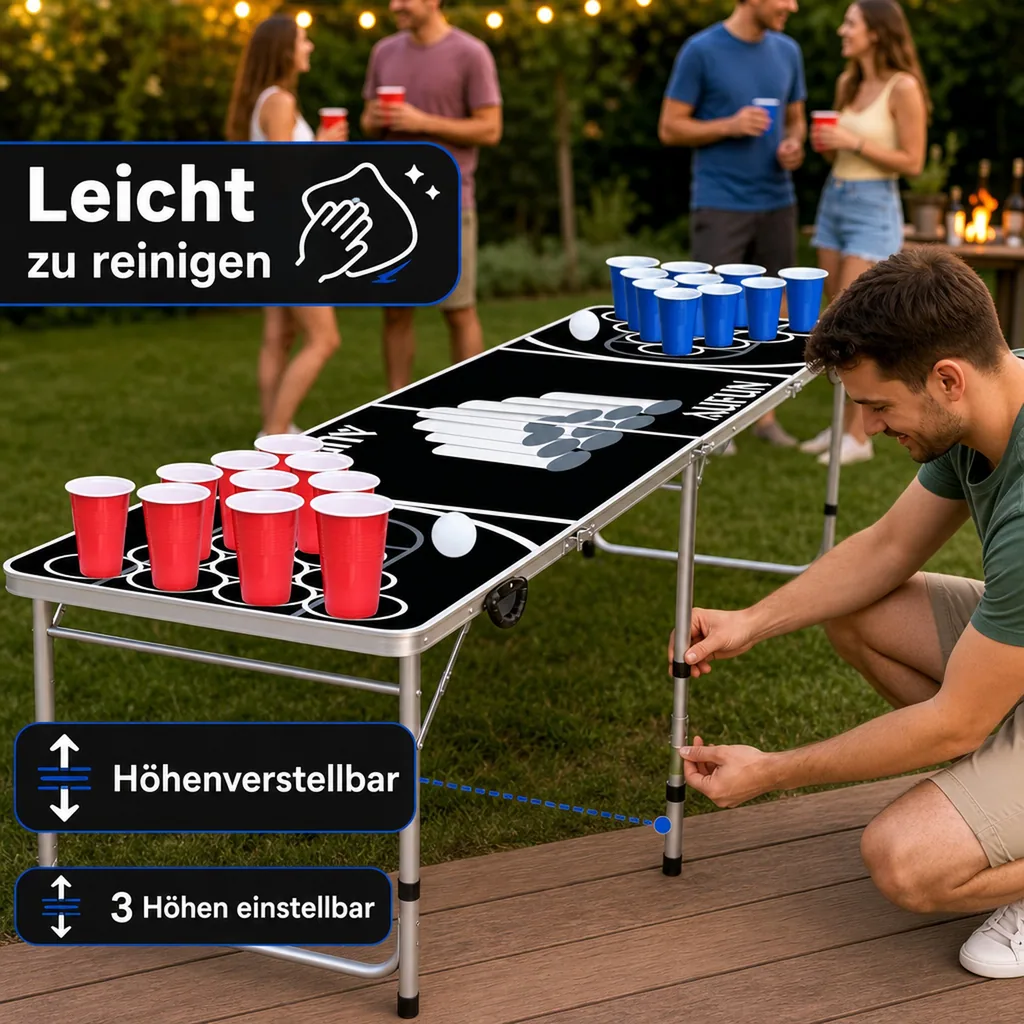 Bierpong Tisch für Partys mit 100 Bechern, 6 Bällen, 242x62 cm schwarz