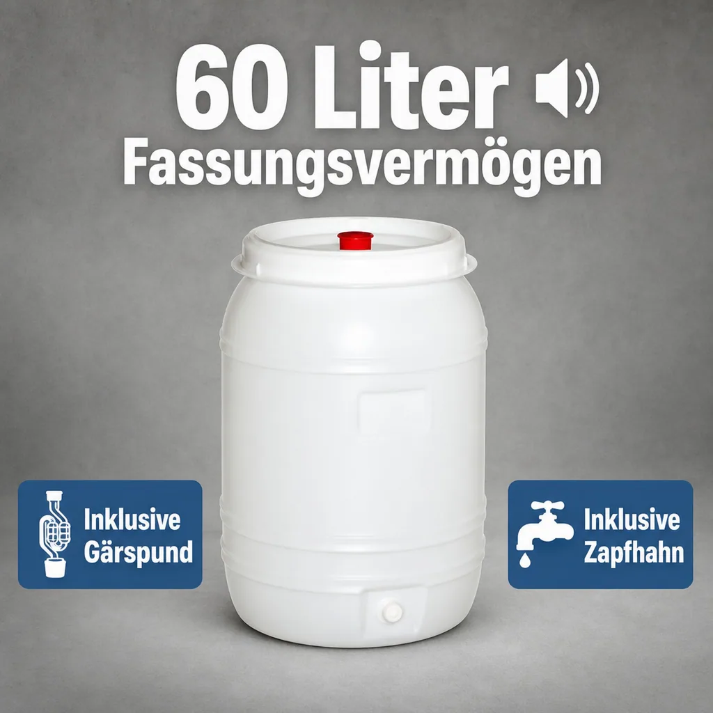 Gärbehälter, Getränkefass, Mostfass - Kunststoff, Gärspund + Zapfhahn, 60L