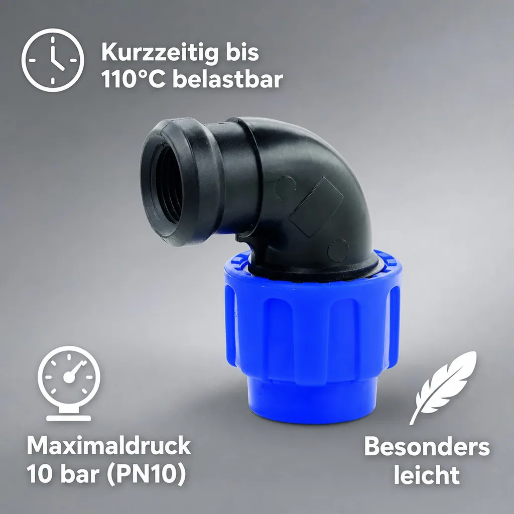 PP PE Rohr Verschraubung 90° Winkel 20 x 1/2" IG