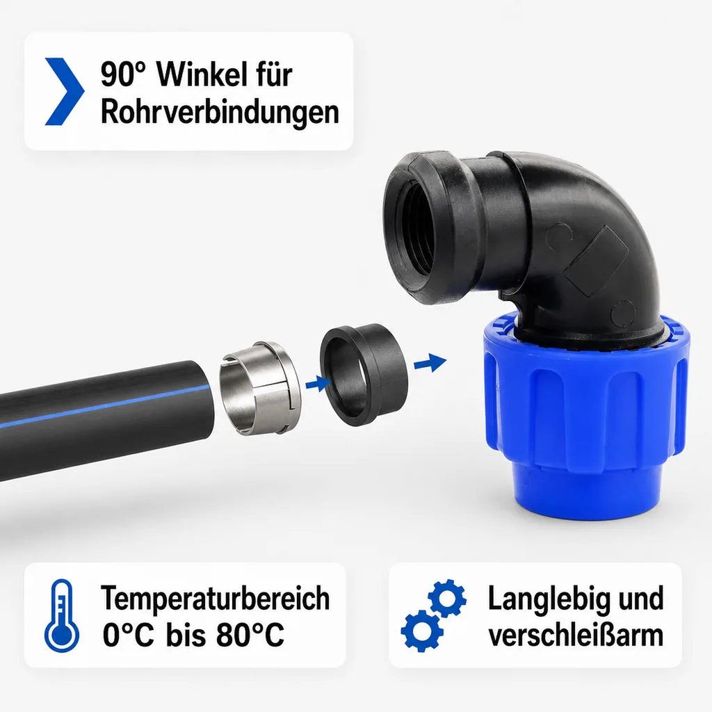 PP PE Rohr Verschraubung 90° Winkel 20 x 1/2" IG
