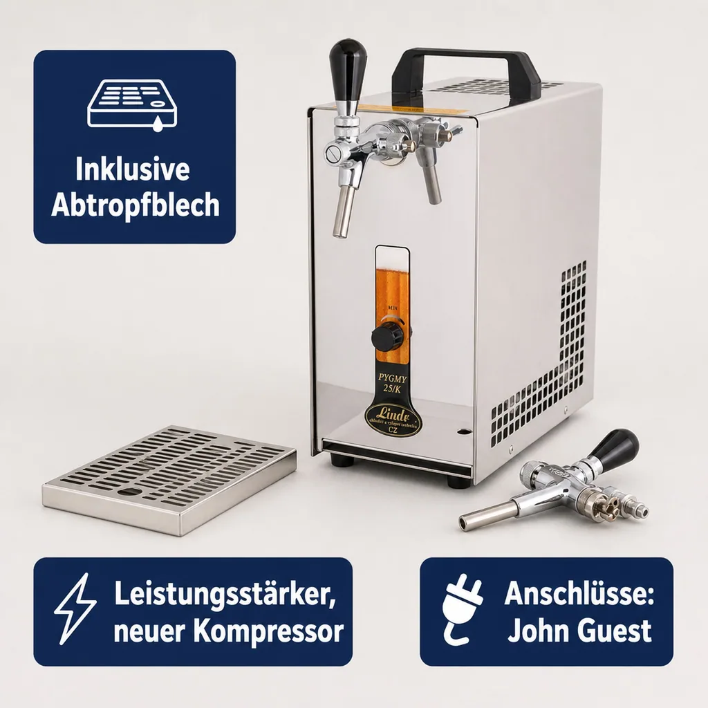 Zapfanlage, Bierzapfanlage PYGMY 25/K mit Membranpumpe, 1-leitig Trockenkühlgerät aus Edelstahl, 35 Liter/h, Green Line